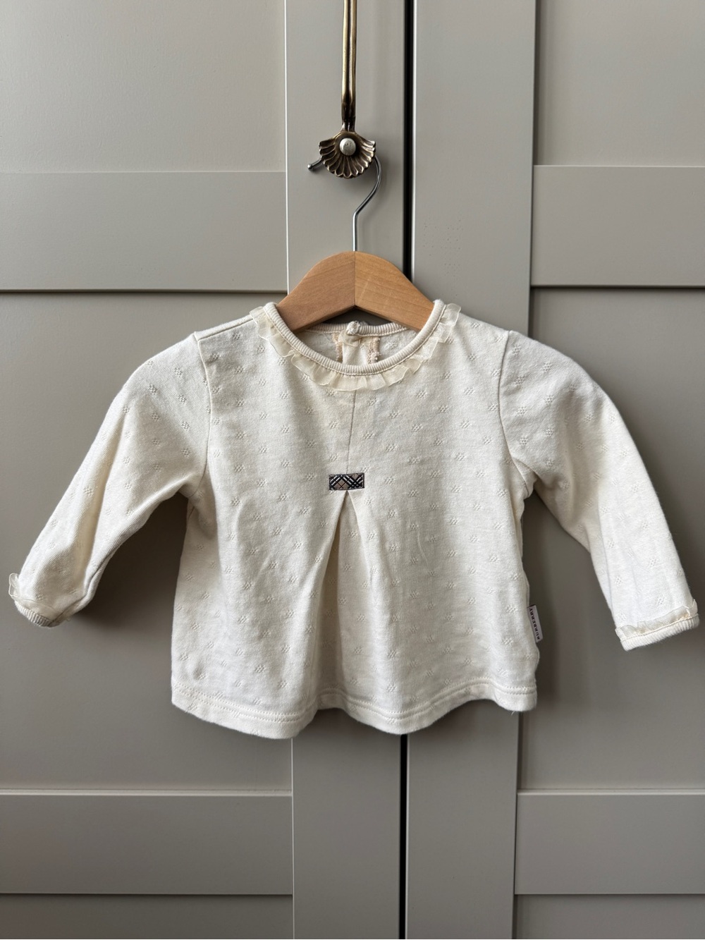 Burberry Kids Ivory Pointelle Sheer Ruffle Baby Girl’s Long Sleeve Top